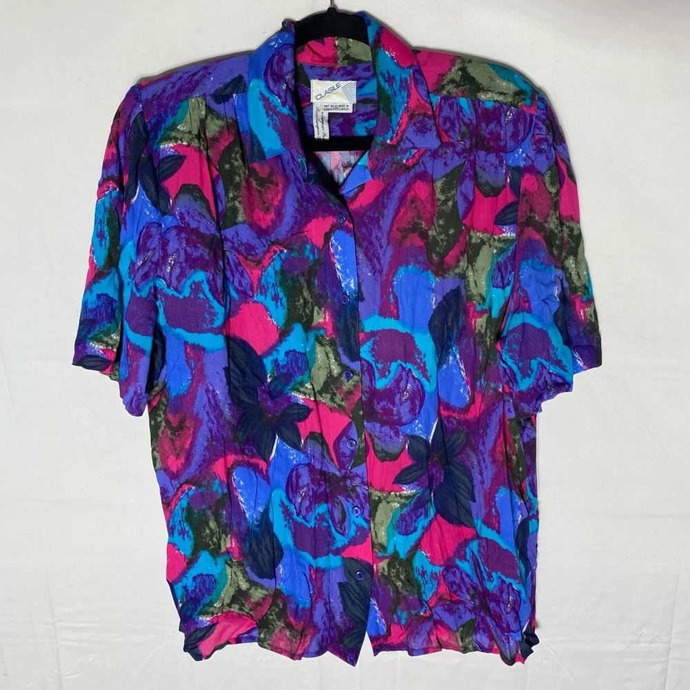 Vintage Clasile Pink Purple Blue Abstract Print Short Sleeve Button Up Blouse L